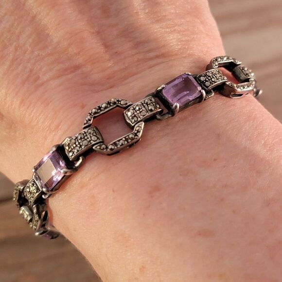 Sterling Multi Stone Cabochon Marcasite Link Bracelet - Picture 5 of 9